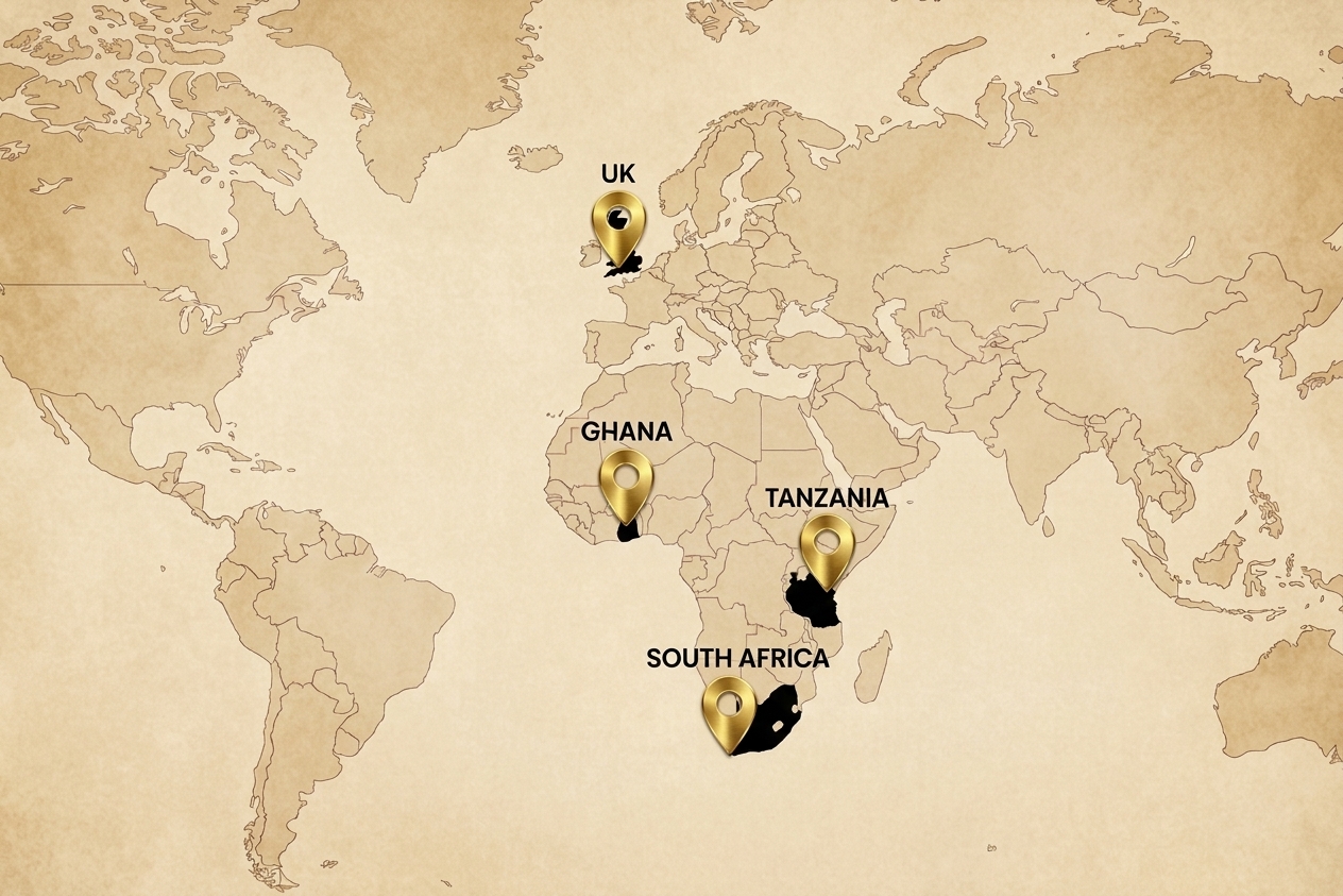World map marking Afromics sites in the UK, Ghana, Tanzania, and South Africa