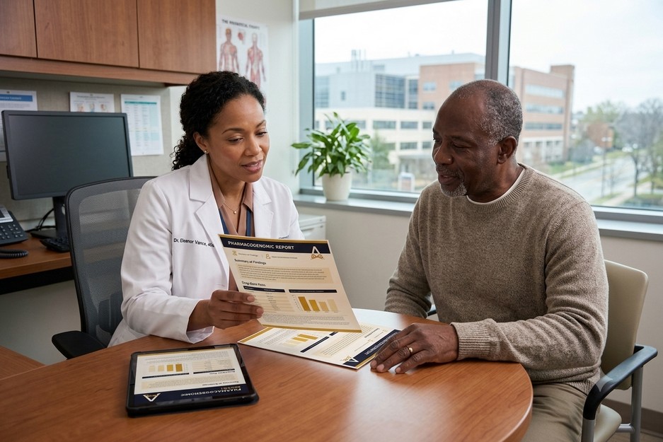 A clinician explaining a personal pharmacogenomic report to a participant